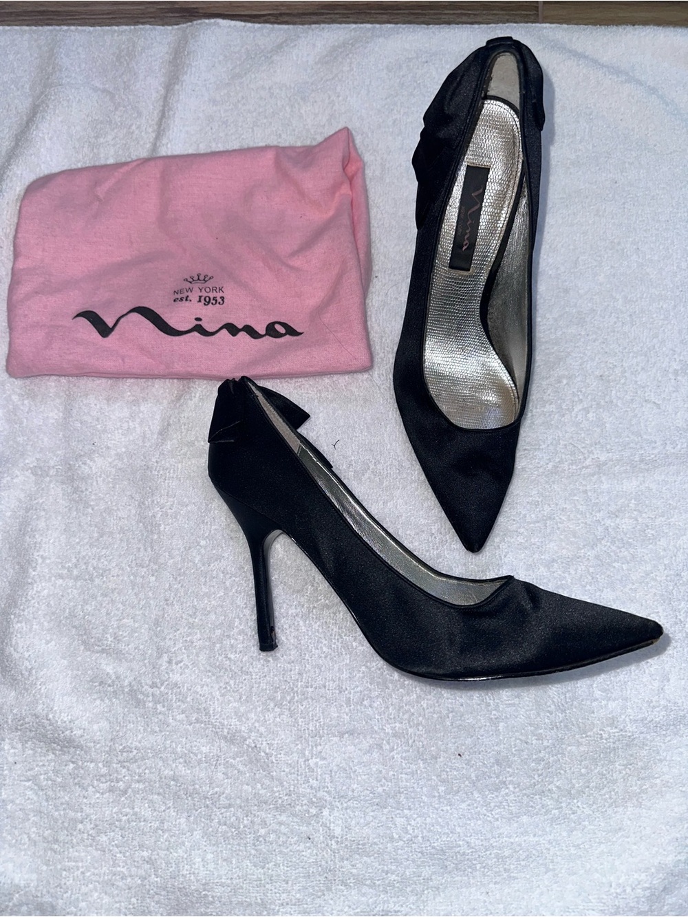 Nina Black Satin Pointed-Toe Bow Stiletto Heels